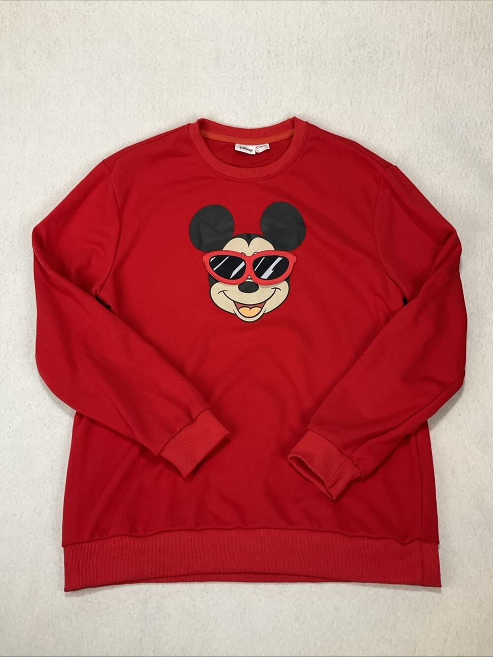 Disney Pat Pat 3D Appliqué Crewneck Mickey Mouse Red Pullover Sweatshirt Mens L